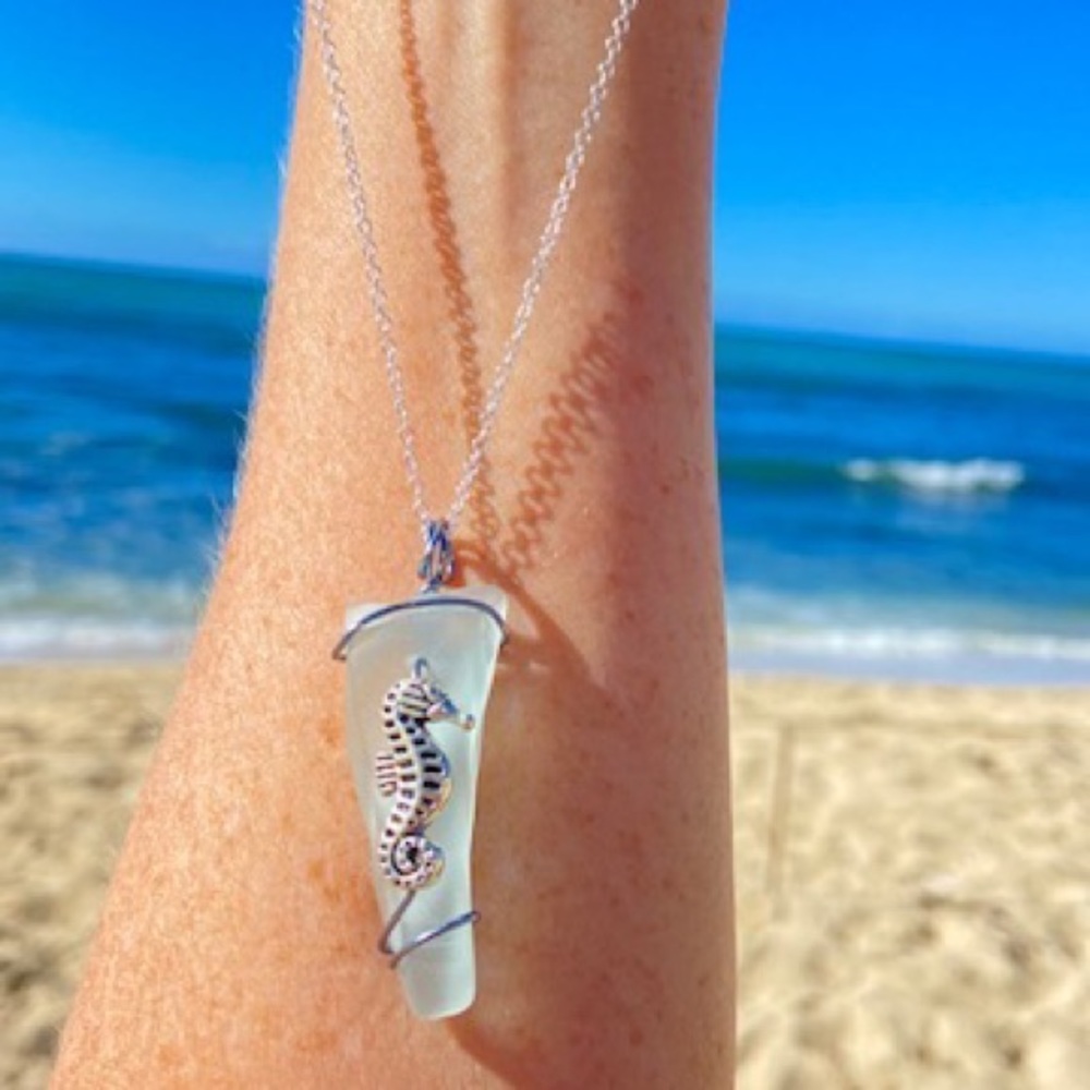 seahorse necklace silver Sea Glass Hawaii seaglass